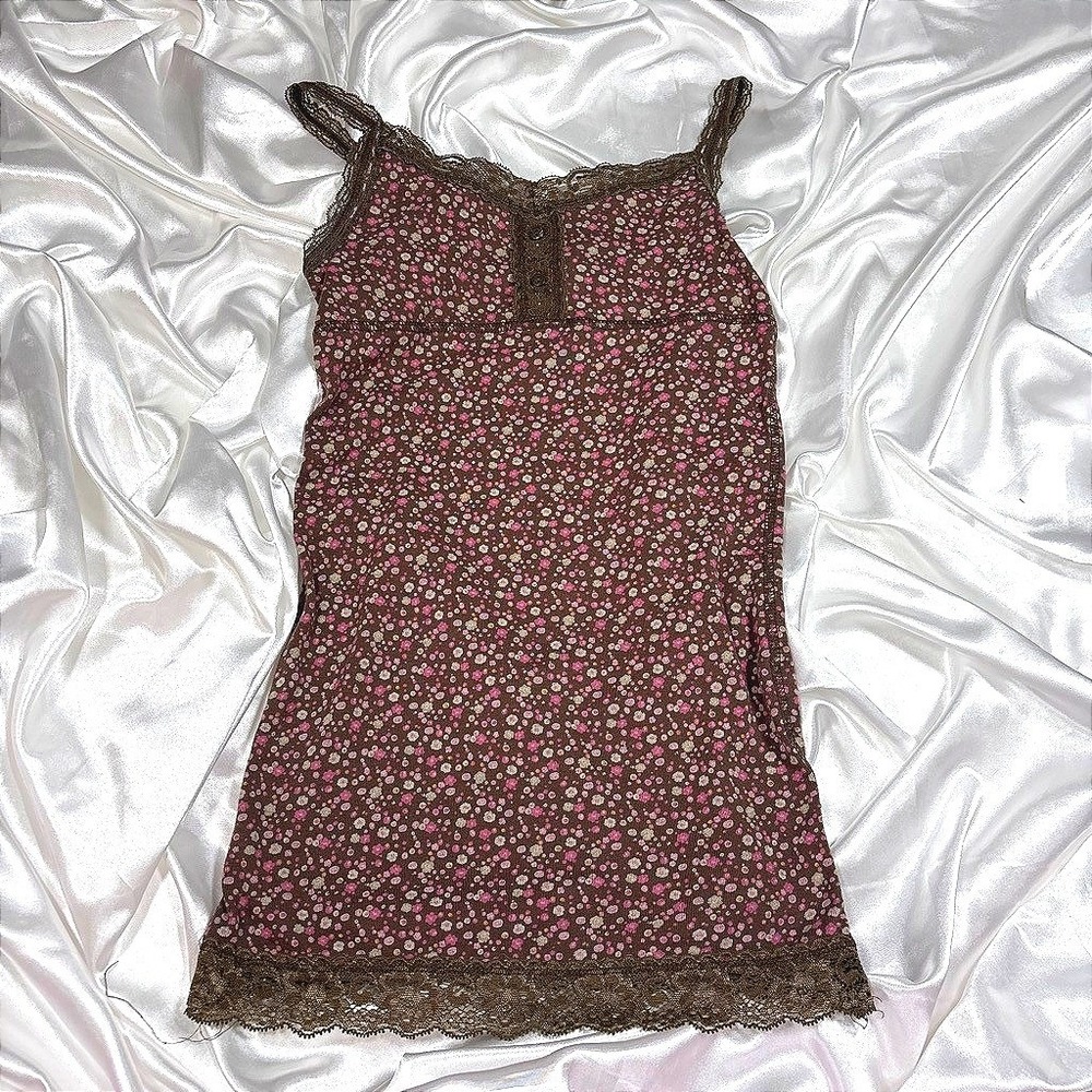 y2k Mossimo Henley Cami Brown Floral Lace Trim Ribbed Tank Top Large